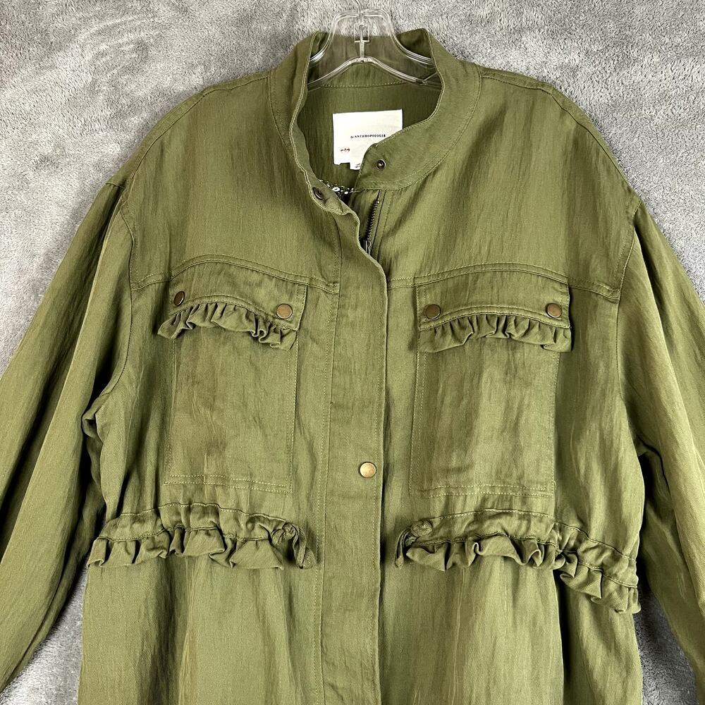 Anthropologie Oversized Utility Jacket Womens M Green Ruffled Boho Lagenlook - Picture 2 of 9